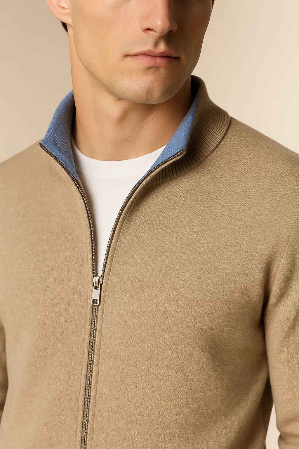 Sereno Merino Wool Zip Cardigan Beige
