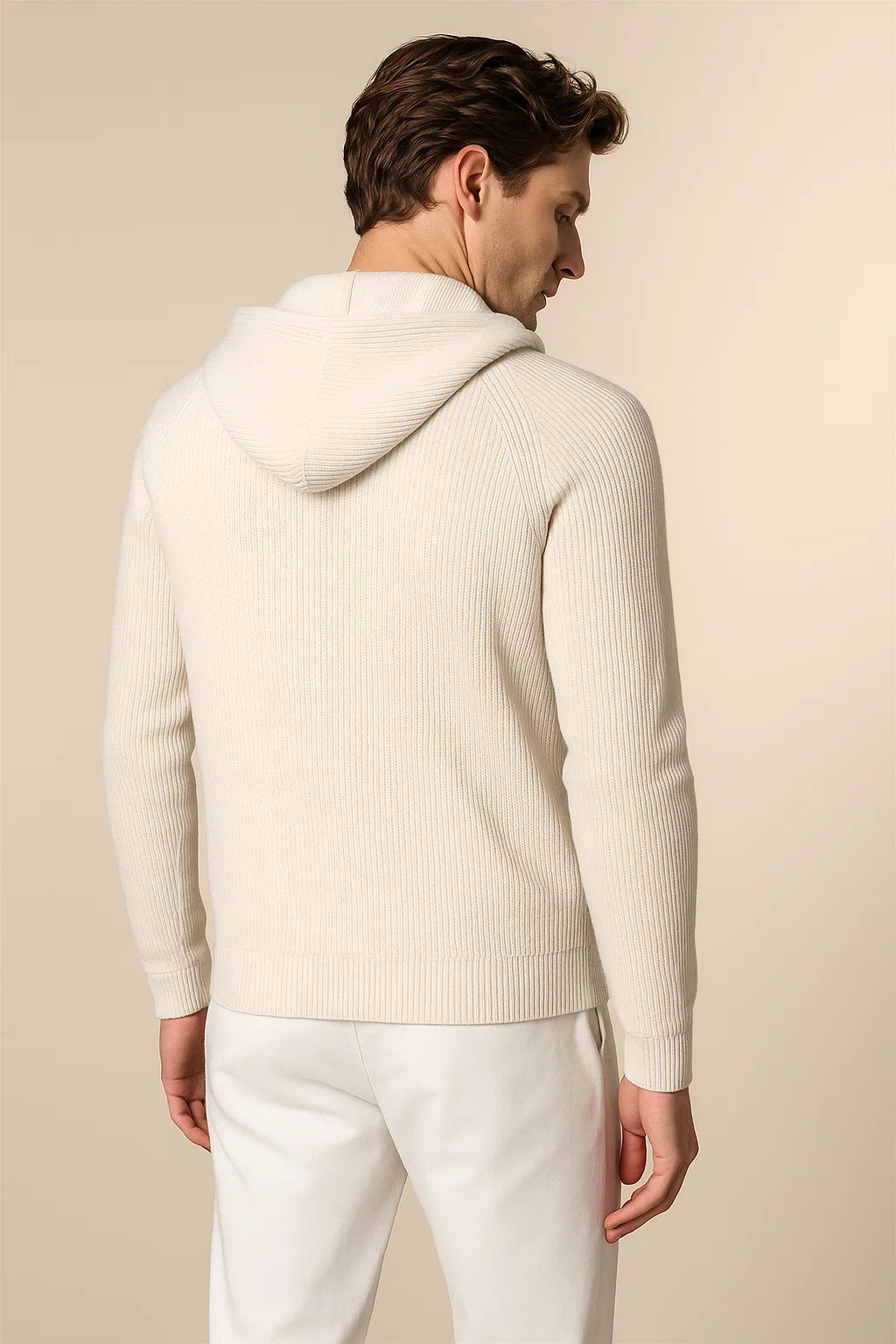 Novaire Hooded Merine Wool Cardigan Beige