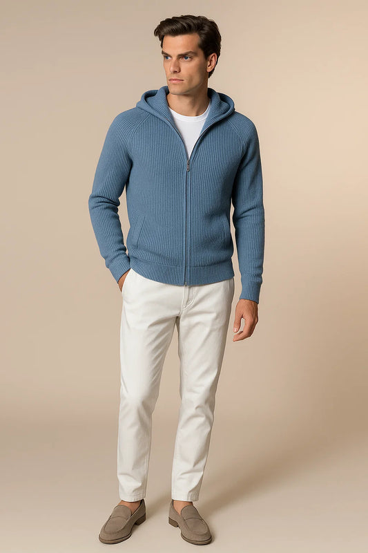 Novaire Hooded Merine Wool Cardigan Blue
