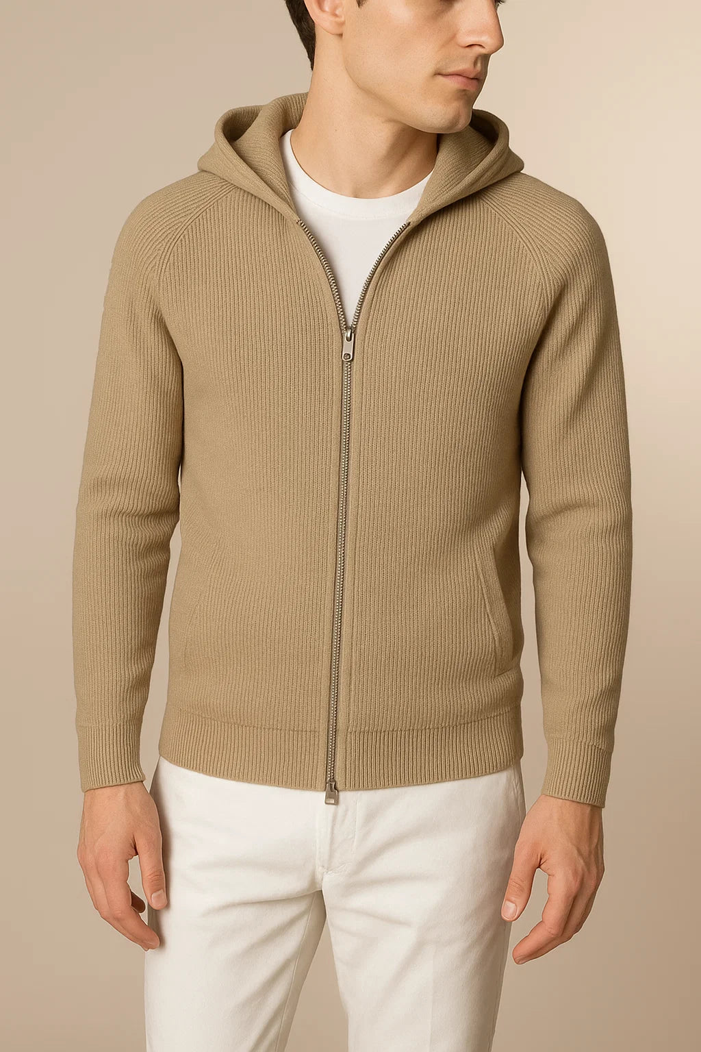 Novaire Hooded Merine Wool Cardigan Khaki