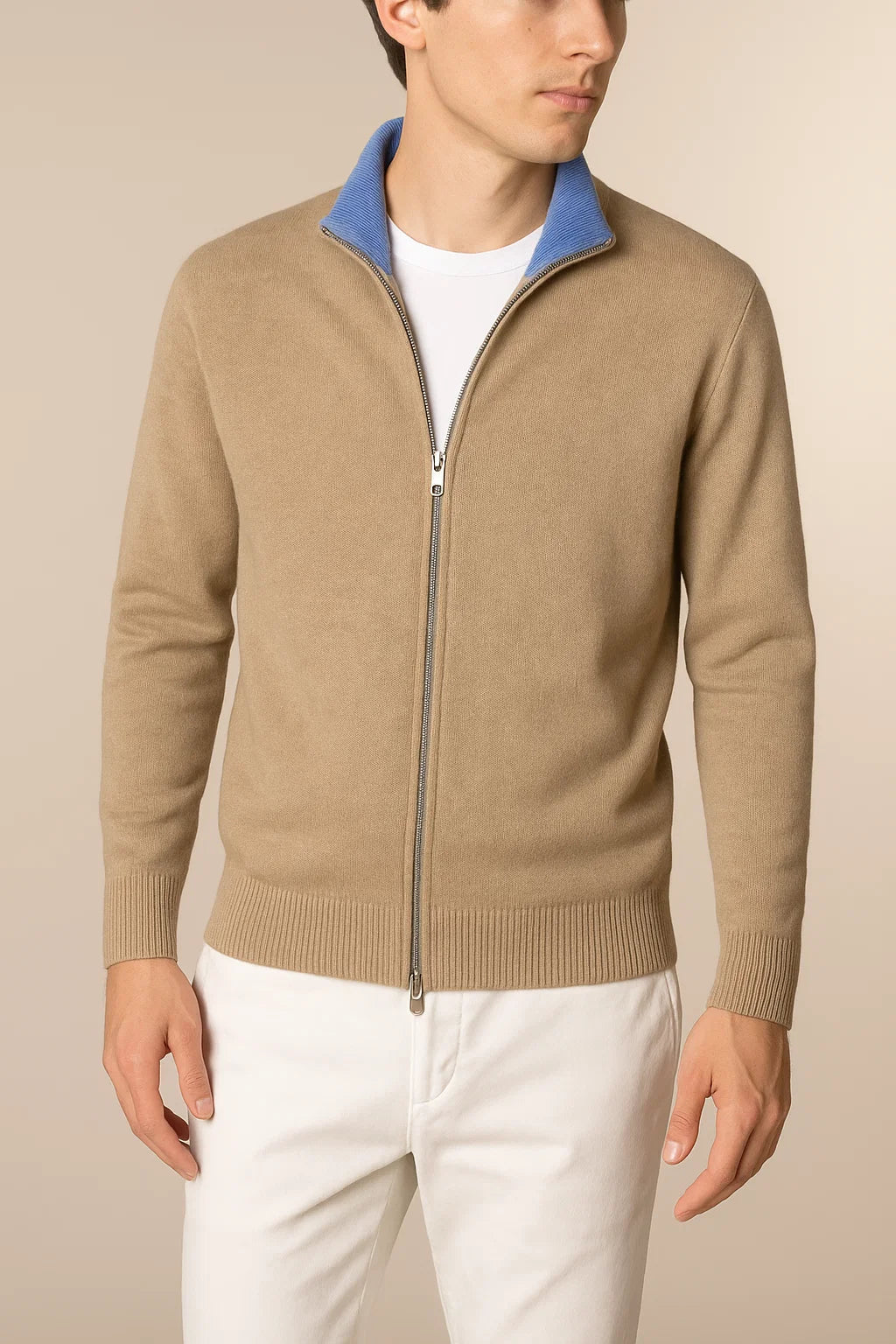 Sereno Merino Wool Zip Cardigan Beige